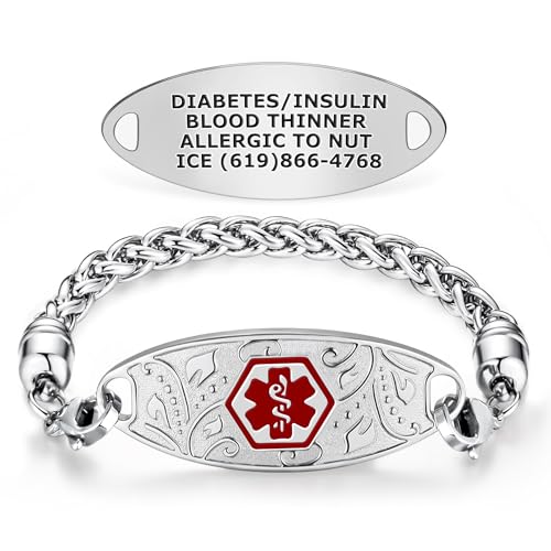 Divoti Custom Engraved Medical Alert Bracelets for Women, Stainless Steel Medical Bracelet, Medical ID Bracelet w/Free Engraving – Lovely Filigree Tag w/Wheat-Red-7.0'