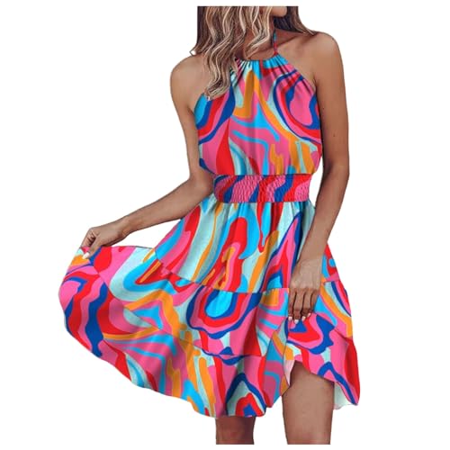Eduavar Mini Dresses for Women Summer 2024 Sexy Dresses for Women Summer Halter Neck Backless Mini Dress Flowy Ruffle Dress Hot Pink