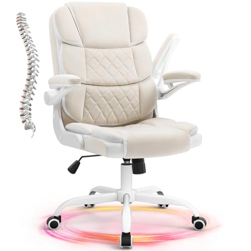 SEATZONE Office Chair Ergonomic Desk Chair with Wheels and Flip-Up Arms, Velvet Fabric Comfortable Home Office Desk Chairs for Home Office Beige