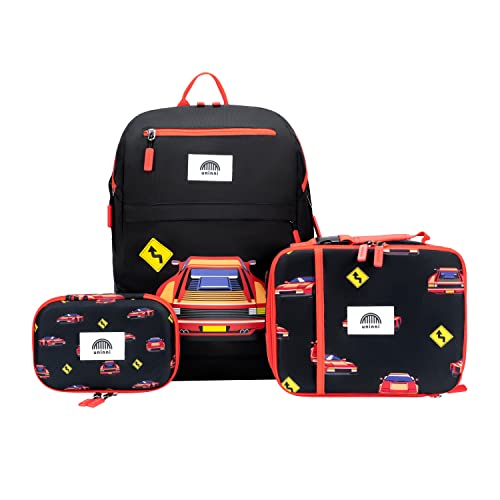 uninni Race Car Kids Backpack Set for Age 6+, fits for height 3'9' above kids with Lightweight Insulated Lunch Bag and Cute Pencil Case for Boys and Girls