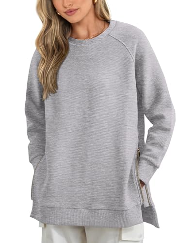 BTFBM Women's Crewneck Sweatshirt Fall Casual Soft Long Sleeves Shirts Tunic Loose Fit Pullover Tops With Side Zipper(Solid Grey, Large)
