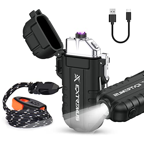 Extremus Blaze 360 Rechargeable Electric Lighters, Dual Arc Lighter, Windproof Plasma Lighter, Waterproof Lighter, Flameless Lighter with Whistle Lanyard for Camping (Black Flashlight)