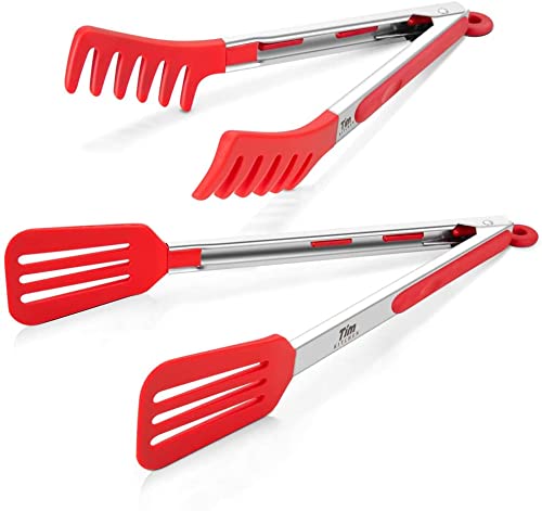 Cooking Tongs, Red Silicone Kitchen Tongs, Buffet Serving Tongs, Heat Resistant Spatula Meat Tongs Spaghetti Tongs (9 Inch and 12 Inch)