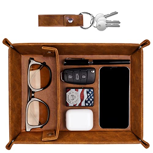 ZAPUVO PU Leather Tray and Keychain Desktop Storage Organizer for Men, Gifts for Dad Husband Him for Christmas from Daughter Son Wife, Unique Birthday Stocking Stuffer Gifts Ideas for Boyfriend