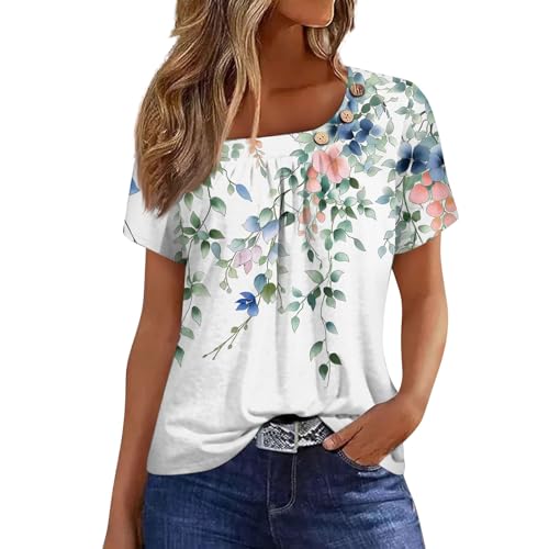 Womens Tee Shirt Tops Short Sleeve Round Neck Loose Comfy T Shirt Printed Casual Shirts 2024 Summer Button Up Blouse Womens White Dress Shirts Short Sleeve（XX-Large,3-Green）