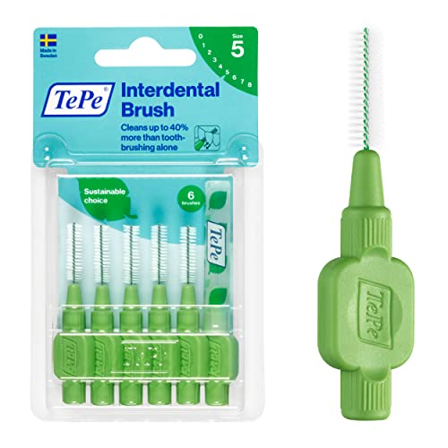 TEPE Interdental Brush Original, Soft Dental Brush for Teeth Cleaning, Pack of 6, 0.8mm, Large Gaps, Green, Size 5