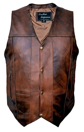 Leather Supreme Men's Ten Pocket Concealed Carry Retro Brown Buffalo Hide Leather Vest With Removable Holster-Brown-46