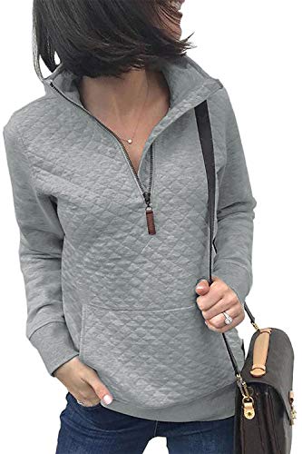 BTFBM Women Fashion Quilted Pattern Lightweight Zipper Long Sleeve Plain Casual Ladies Sweatshirts Pullovers Shirts Tops (Light Grey, Medium)