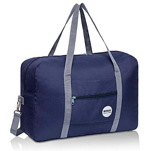 WANDF Foldable Travel Duffel Bag Luggage Sports Gym Water Resistant Nylon (D-Dark Blue with Strap)
