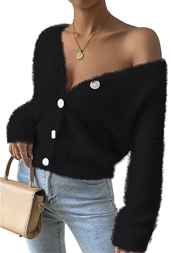 Pink Queen Women's Furry Cropped Cardigan Batwing Sleeves Open Front V-Neck Button Down Loose Knit Sweater Coat Black S
