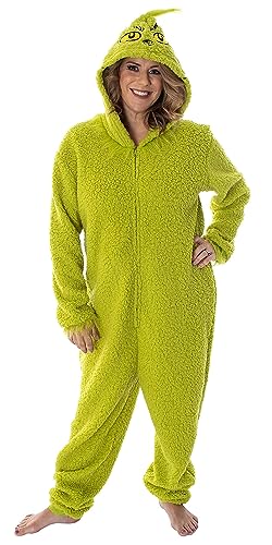 Dr. Seuss Womens' The Grinch Fleece Hooded Union Suit Costume Pajama Sleeper (X-Large) Green
