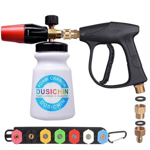 DUSICHIN Foam Cannon Spray Lance Thick Foam Dispenser Pressure Washer Sprayer Gun 3000 PSI Jet Wash Spray Nozzle Adjustabl Pattern Foam Maker 7 Nozzle Tips 2 Connectors M22-14,15 3/8'Brass DUS-518