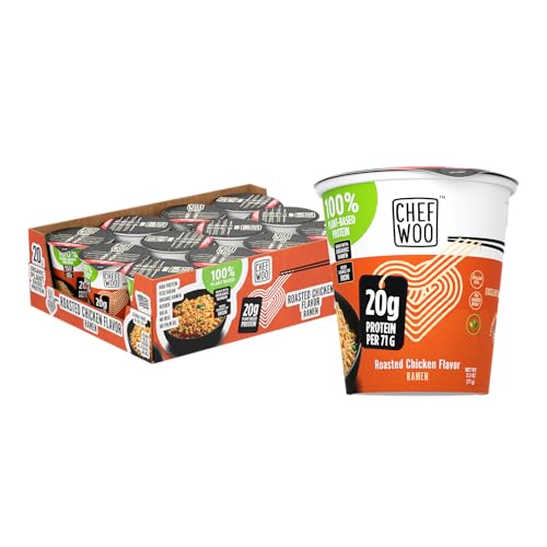 CHEF WOO Roasted Chicken Ramen Cup Noodles (12 PACK), 20g of Plant-Based Protein |Vegan |Vegetarian |Halal |Kosher |Egg-Free |Dairy Free