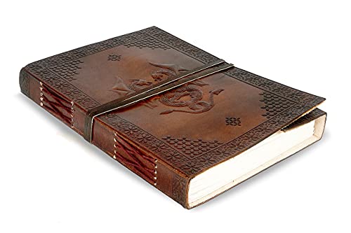 Antique Leather Journal, Leather Bound Writing pad, Dragon Embossed Blank Unlined Paper Notebook for Travel, Office, Thoughts, Sketching with Wraparound Tie, Gift for Men and Women, Brown 10X7 Inches
