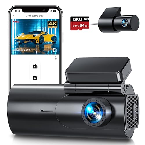 GKU Dash Cam Front and Rear Camera, 4K/2.5K Full Dashcams for Cars with 64GB SD Card, WiFi & App Control, Night Vision, Parking Mode, G-Sensor, Loop Recording,WDR,170° Wide Angle (D600)