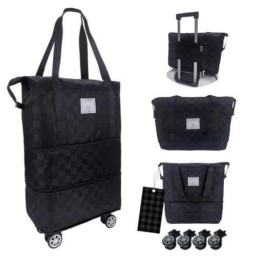 Drvoon Expandable foldable duffel bag suitcase, detachable rolling wheels,carry-on large duffel bag,luggage bag,suit gym,camping,travel or business trip,Presentsf for wife,parents-Checkerboard(BLACK)