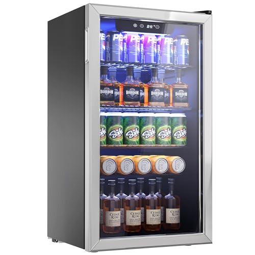 Icyglee Beverage Refrigerator Cooler - 126 Can Mini Fridge with Glass Door Freestanding for Soda Beer or Wine, Beverage Cooler for Home, Office, Bar with Adjustable Removable Shelves, Sliver.
