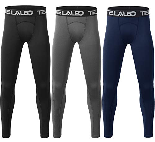 TELALEO 3 Pack Boys' Youth Compression Leggings Tights Base Layer Athletic Pants for Sports Basketball Hockey Baseball Running Black Blue Grey 3 Pack M