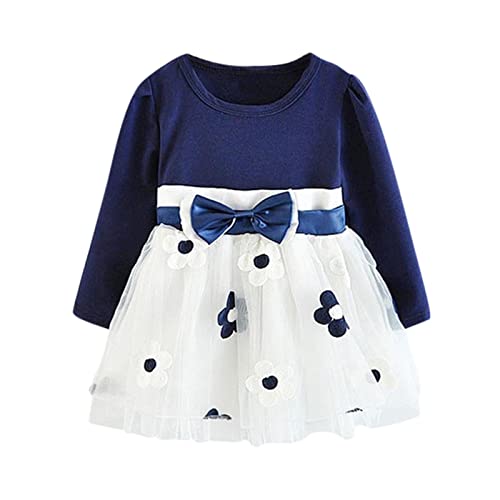 Toddler Kids Baby Girls Long Sleeve Tulle Patchwork Flower Bow Dresses Clothes Holiday Party Princess Dress,1-5 Years Blue