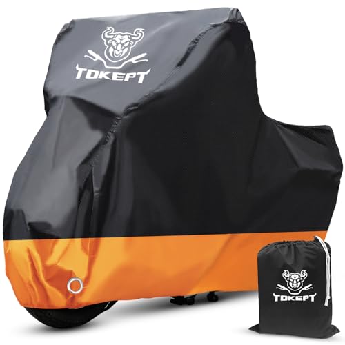 Tokept Motorcycle Cover, All-Season Waterproof Outdoor Sun Protection Fit up to 116 Inch Harley-Davidson Honda Suzuki Kawasaki Yamaha (XXXL Black&Orange)