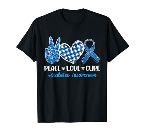 Peace Love Cure Grey Blue Ribbon Diabetes Awareness T-Shirt