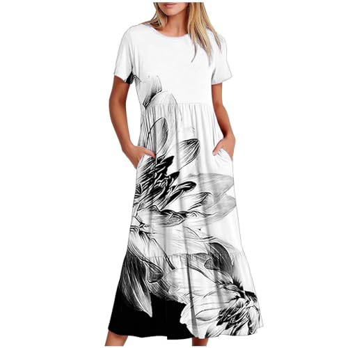 Daily Deals Women's Vintage High Waist Long Dress Summer Vacation Beach Dresses with Pockets Elegant Flowy Printed Dresses Dresses for Women 2024 Black L