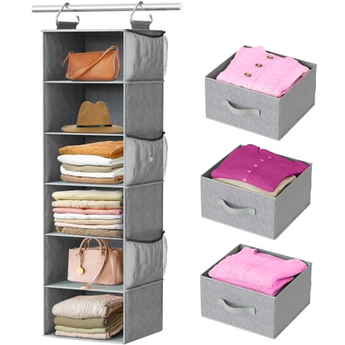 Pipishell Hanging Closet Organizer 6-Shelf, Hanging Shelves for Closet with 3 Removable Drawers & Side Pockets for Bedroom or Garment Rack, 12' x 12' x 43.3', Dark Gray