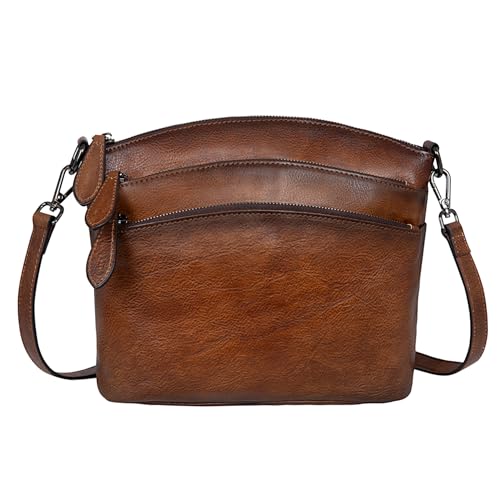 HESHE Crossbody Bags for Women Genuine Leather Purses with Multi-Pockets Vintage Ladies Small Shoulder Satchel Bag (Coffee)