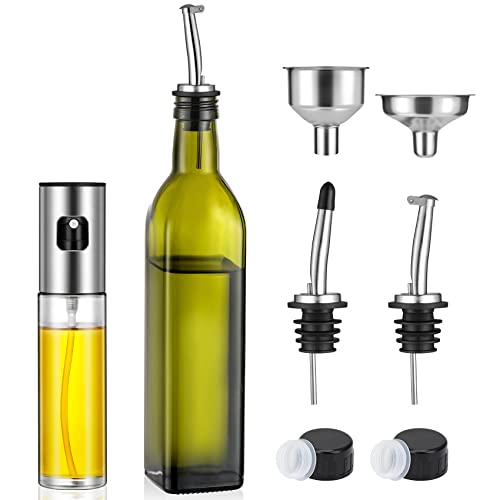 NETANY Olive Oil Dispenser 17 OZ and Oil Sprayer Bottle 100 ML for Cooking Set - Green Oil and Vinegar Cruet Bottle Set for Kitchen - Glass container with Drip-Free Stainless Steel Spout