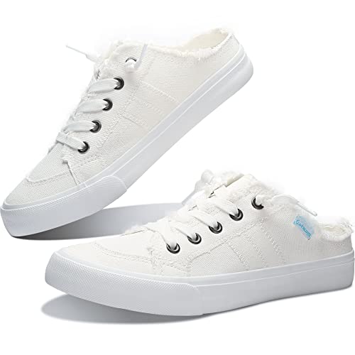 Obtaom Women Canvas Mules Memory Foam Clipper Fashion Sneakers Comfortable Slip-On Mule Backless Shoe（White Canvas US7）