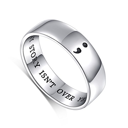 Inspirational Jewelry S925 Sterling Silver MY STORY ISN'T OVER YET; Semicolon Ring for Men Women or Unisex Width 6mm (8)