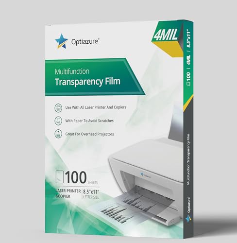 Optiazure Transparency Film, Overhead Projector Film for Laser Jet Printer and Copier, Letter Size 100Pack Sheets, Office and School Supplies