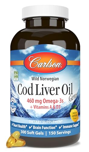 Carlson - Cod Liver Oil, 460 mg Omega-3s + Vitamins A & D3, Wild-Caught Norwegian Arctic Cod-Liver Oil, Sustainably Sourced Nordic Fish Oil Capsules, Lemon, 300 Softgels