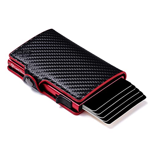 Conceal Plus Men's Carbon Fiber Card Holder Wallet - RFID Blocking Credit Card Wallet with Slide Up Feature, Minimalist Front Pocket Wallet Design (Red PU Carbon Fiber)