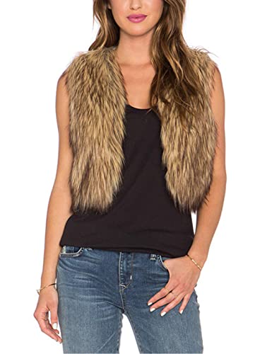 Tanming Women's Sleeveless Open Front Fluffy Short Faux Fur Vests Waistcoats (Grey-M)
