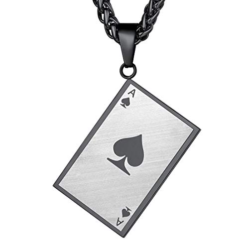 U7 Stainless Steel Ace of Spades Card Poker Pendant Mens Womens Necklace 22 Inch Chain