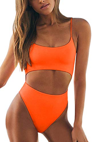 Meyeeka Women's Sexy Bathing Suit Cut Out One Piece Swimsuit High Waist Thong Sporty Beachwear M Orange