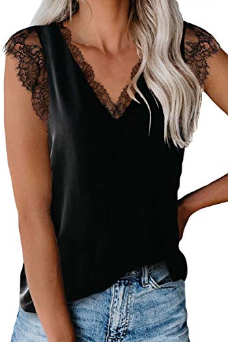 lime flare Women Sexy V Neck Lace Trim Satin Cami Tank Tops Dressy Silk Summer Tee Shirt Camisole (Black Eyelash Lace,M)