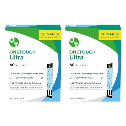 OneTouch Ultra Test Strips for Diabetes - 120 Count Diabetic Test Strips | Blood Sugar Test Strips for Blood Glucose Monitor Kit (2 Boxes, 60 Diabetes Test Strips Each)