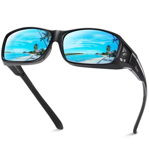 DUCO Wraparound Fitover Glasses Polarized Wear Over Sunglasses for Men Women UV Protection Sun Glasses Driving 8953 (L Size Black Frame Revo Blue Lens)