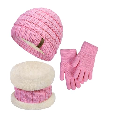 YSense girls 3 Pcs Winter Beanie Hat Scarf Gloves Thick Knit Warm Fleece Lined Beanie Caps Mittens Sets, A-Pink, Large