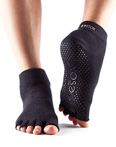 toesox Grip Pilates Barre Socks – Non Slip Ankle Half Toe for Yoga & Ballet, Medium, Black