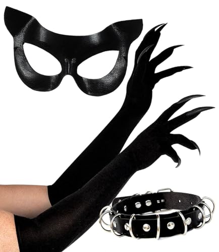 Black Cat Mask Costume Accessories Cat Woman Costume for Women Halloween Masquerade Mask Adult, Cat Claw Gloves & Faux Leather Choker Necklace 3PC
