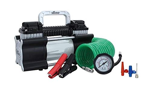 Slime 40026 Tire Inflator, Portable Car, SUV, 4x4 Air Compressor, Heavy Duty, 2x Pro Power, Heavy Duty, with Analog 150 psi Dial Gauge, Long Hose and LED Light, Alligator Clips, 2 min inflation