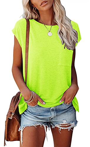 Smile Fish Womens Summer Short Cap Sleeve Shirts Solid Loose Fit Pocket Tunic Tops Cotton Neon Green,M
