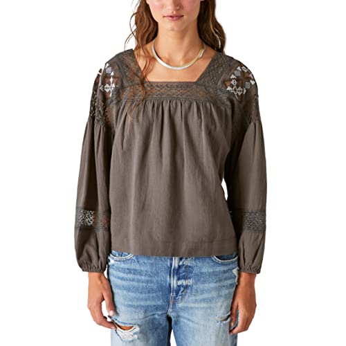 Lucky Brand Women's Embroidered Shoulder Top, Washed Black, Large