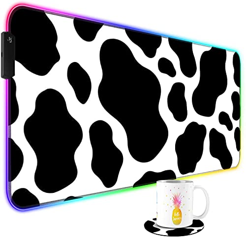 LFFSAW mouse pad-1 RGB Gaming Mouse Pad and Cute Coffee Coaster, Extended Soft LED Mouse Pad with 10 Lighting Mode, Computer Keyboard Mousepads Mat 800 x 300mm31.5 x 11.8 inch, Large, Cow Print