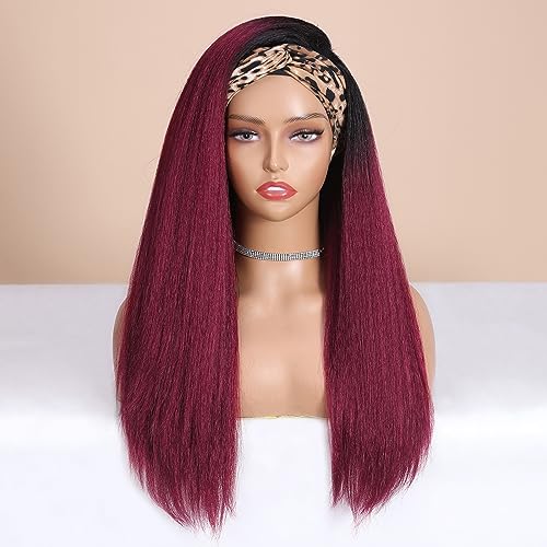 WIGNEE Red Kinky Straight Headband Wig for Women 22 Inches Burgundy Kinky Wig Yaki Straight Wigs with Black Headband Kinky Straight Wigs for Black Women (1-1B/BUG, 22 Inch)