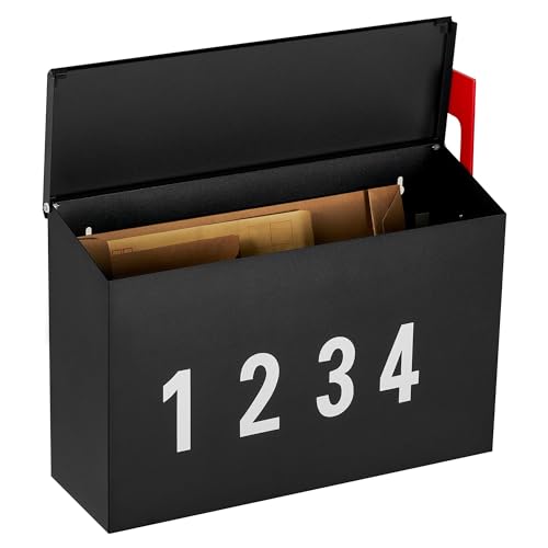 LAND·VOI Wall-Mount Mailbox with One Flag Kit and Three Sets of 0-9 Mailbox Number Stickers, Galvanized Steel Rust-Proof Metal Post Box,Mailboxes for Outside,15.2'x10.4'x5.2' Black