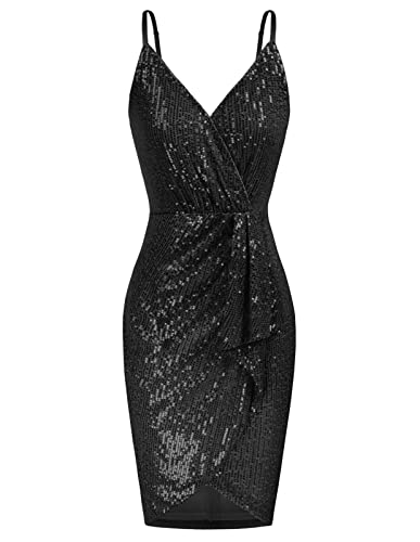 GRACE KARIN Womens Party Dresses Sequin Glitter Spaghetti Straps Ruched Wrap Dress Black M